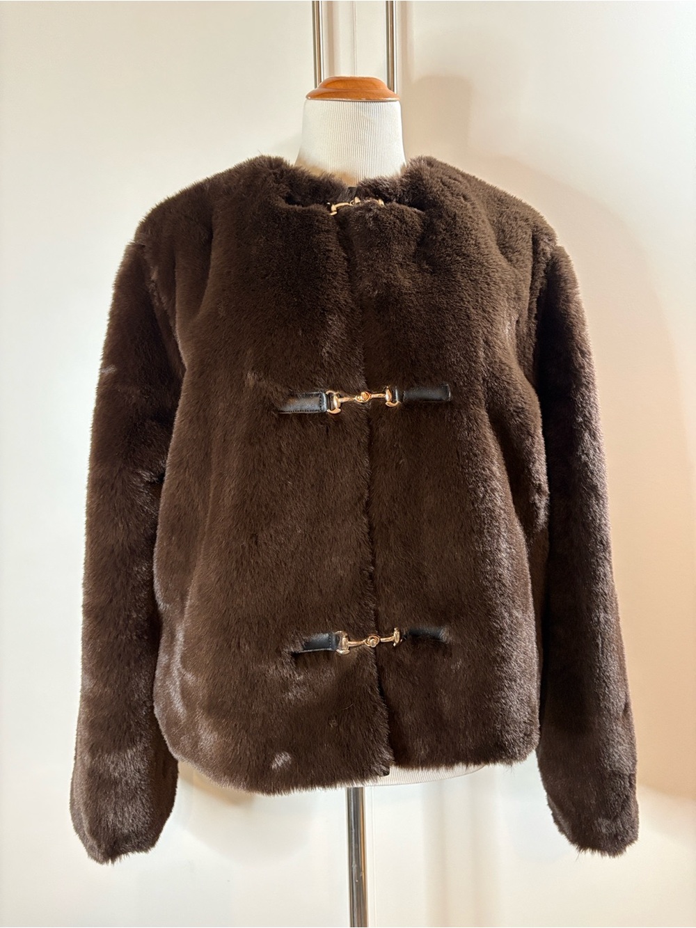 Lovers + Friends Chocolate Brown Faux Fur Teddy Jacket with Toggle Accents M